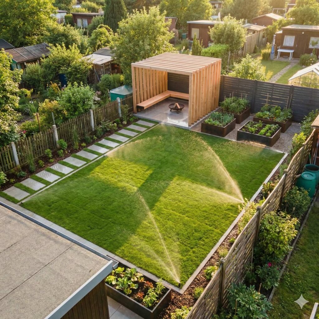 Nowoczesna działka rod z systemem automatycznego nawadniania